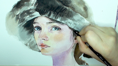 戴帽子的女孩头像水彩绘制