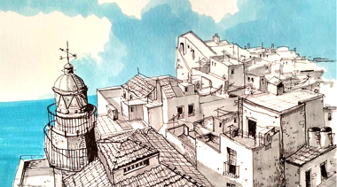 西班牙画家的钢笔淡彩速写街景